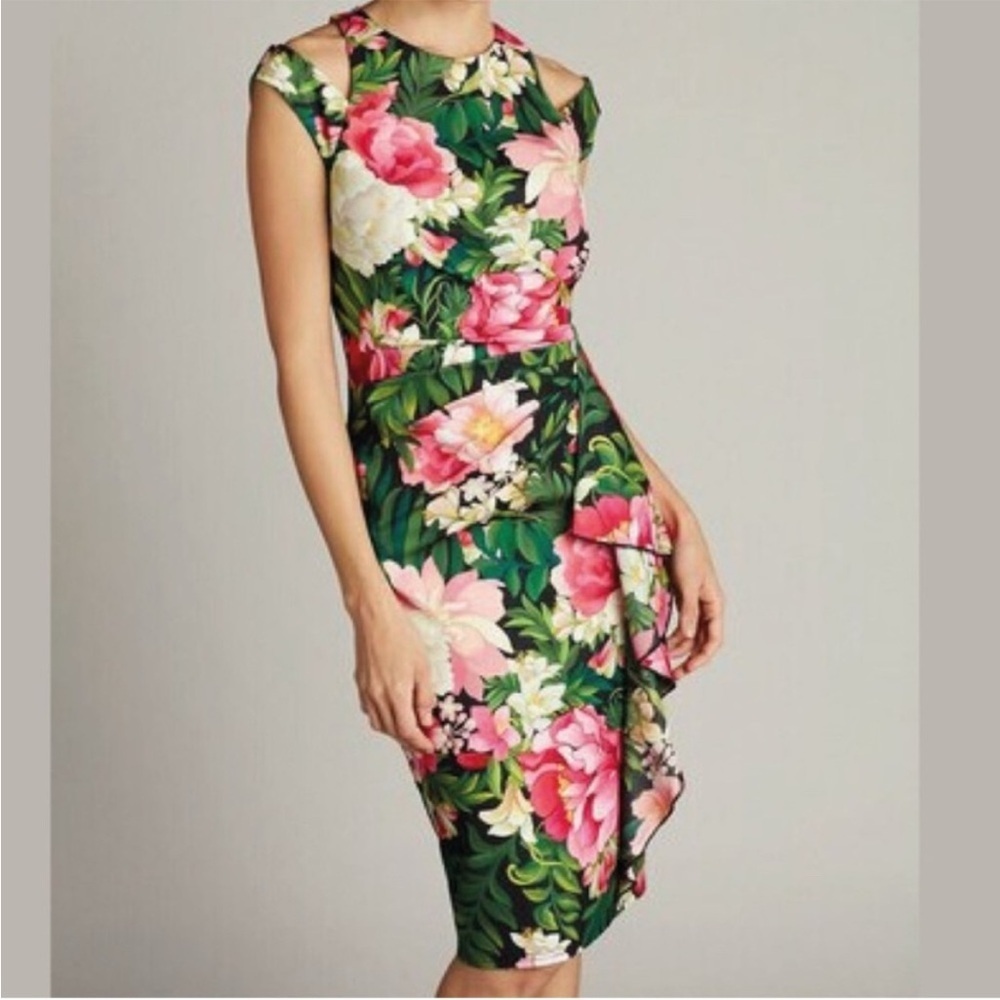 Tadashi Shoji ZORA FLORAL SHOULDER CUT-OUT DRESS SZ Medium Tropical Ruffle Sexy - Picture 16 of 16